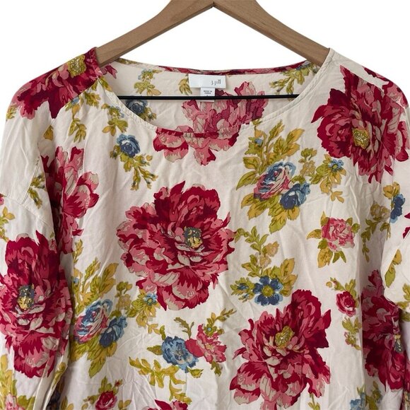 J Jill Petite L Cottage Floral Tunic Boho Boxy Blouse 3/4 Sleeve Lace Trim Rayon - Picture 3 of 16